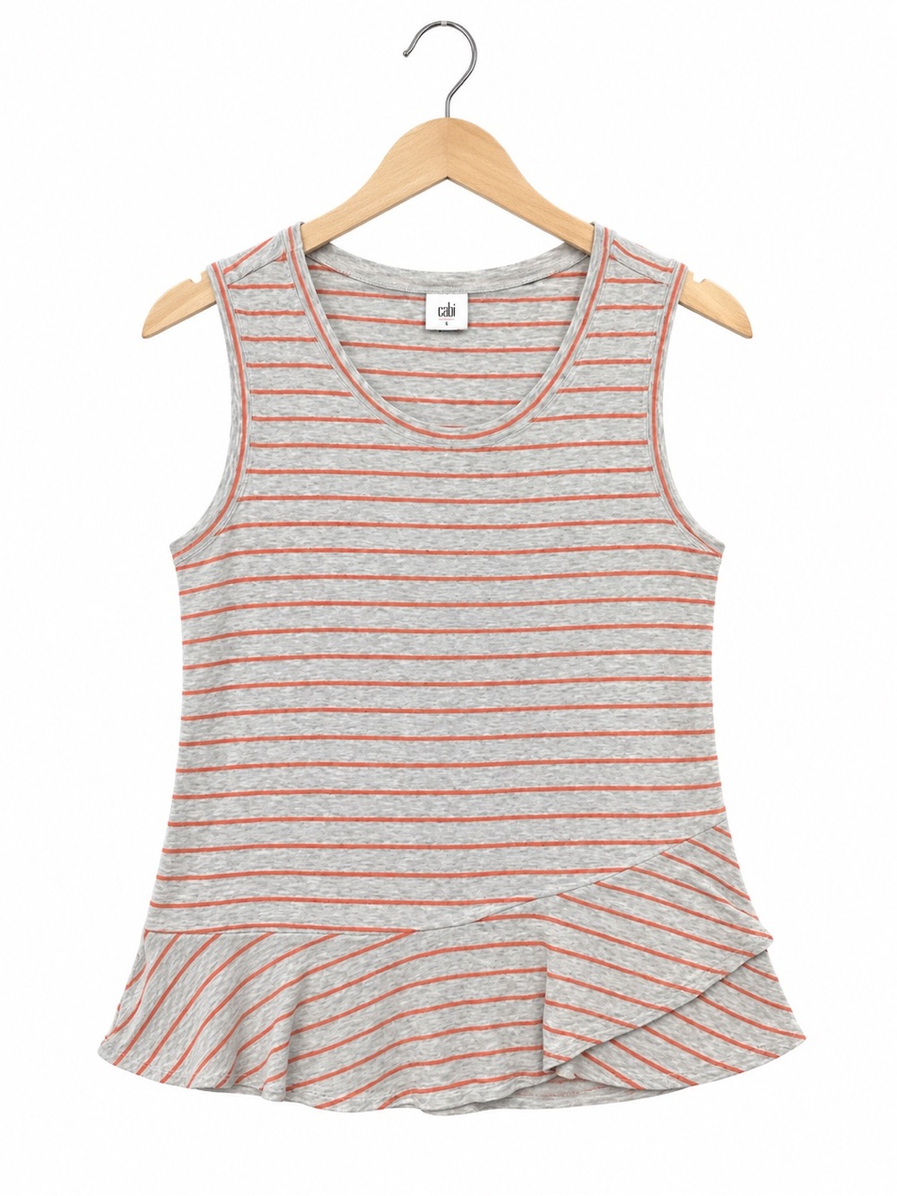 Cabi Tangerine Stripe Ruffle Tank 5331 Gray Orange Large L Asymmetric Peplum